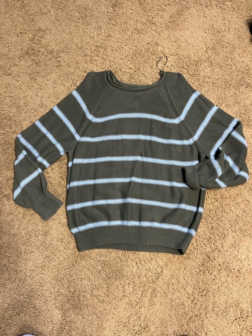 Women's Olive Green Stripe Knit Sweater with Light Blue Accents size M Sonoma